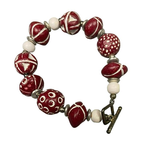 Multicolor Stone, Red and White Wood, and Wood Bead Bracelets - Picture 4 of 6